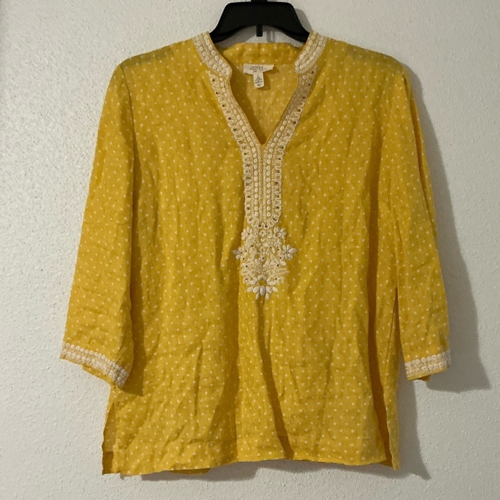 CHARTER CLUB Yellow Polka Dot Linen Split Neck Tunic Top Lace & Bead Large